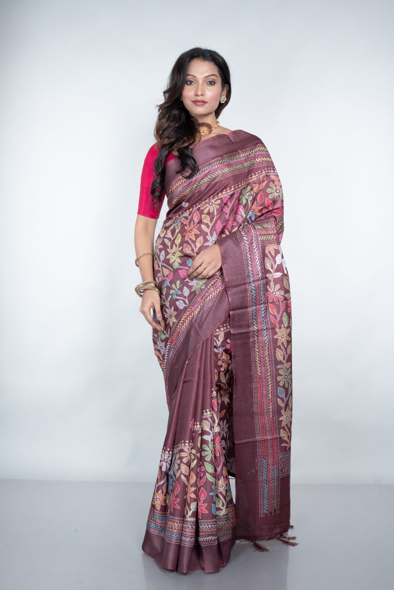 Kantha 'Espresso Elegance' Manipuri Patta - Image 2
