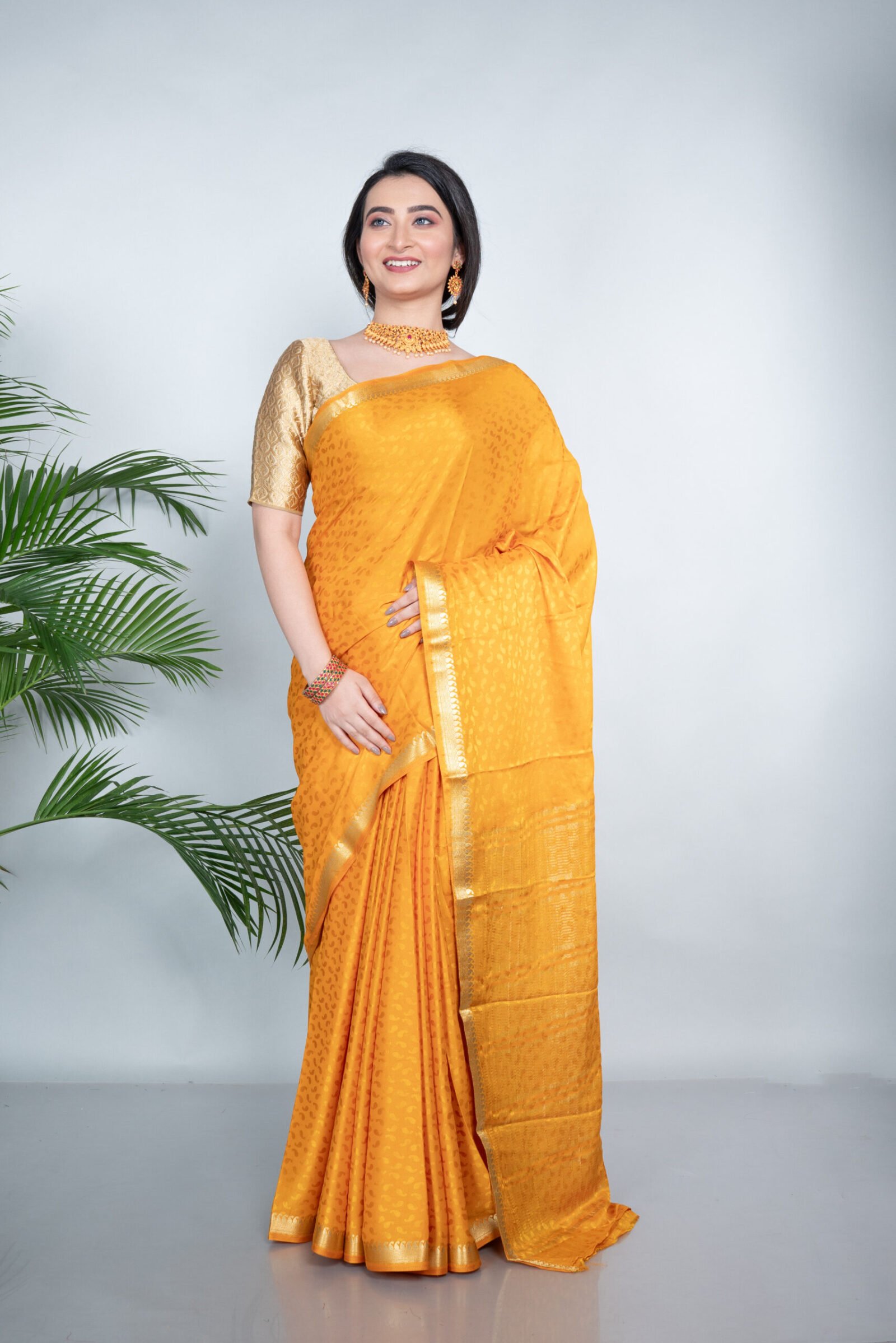 Mysore ' Splendid Saffron ' Brocade Silk - Image 2