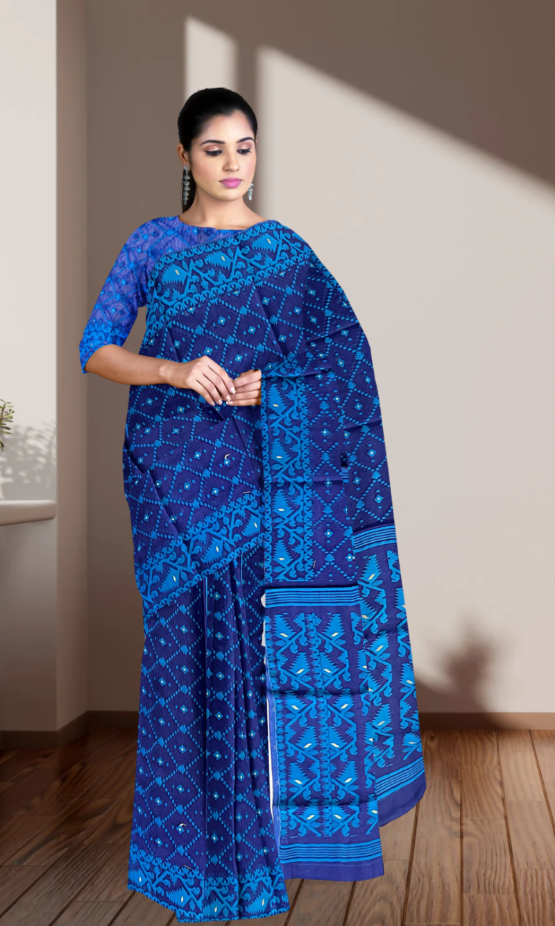 Jamdani "Indigo Intricacy" Soft Cotton